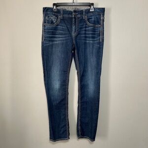 Buckle BKE Men's Jeans 34X31 Thick Stitch Embroidered 3 Straight Leg Stretch Y2k